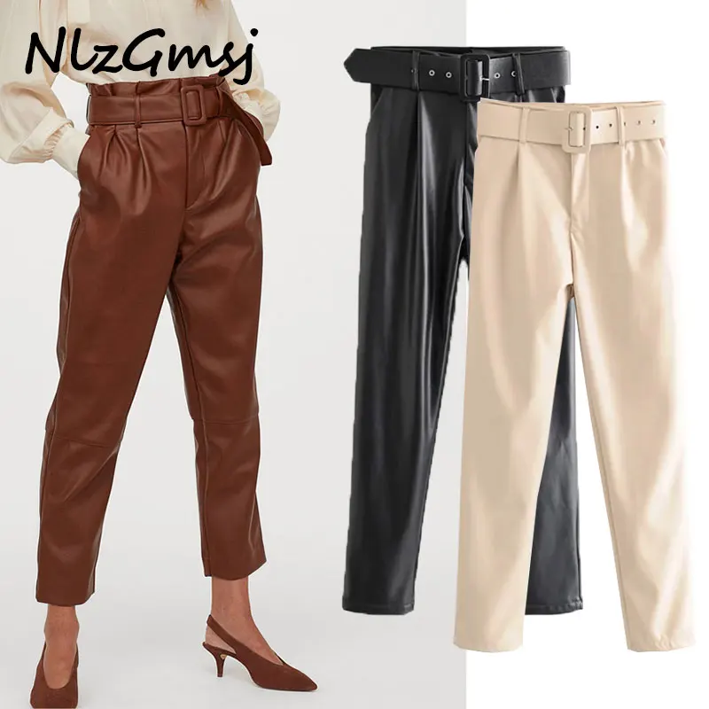 

TRAF Women 2023 Chic Fashion With Belt PU Faux Leather Pants Vintage High Waist Zipper Fly Female Ankle Trousers Mujer
