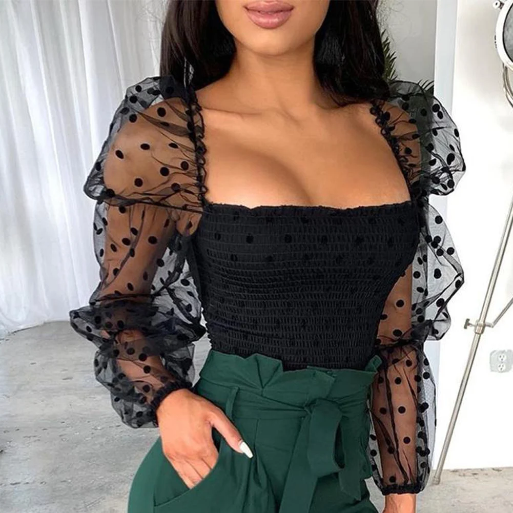 black mesh polka dot top