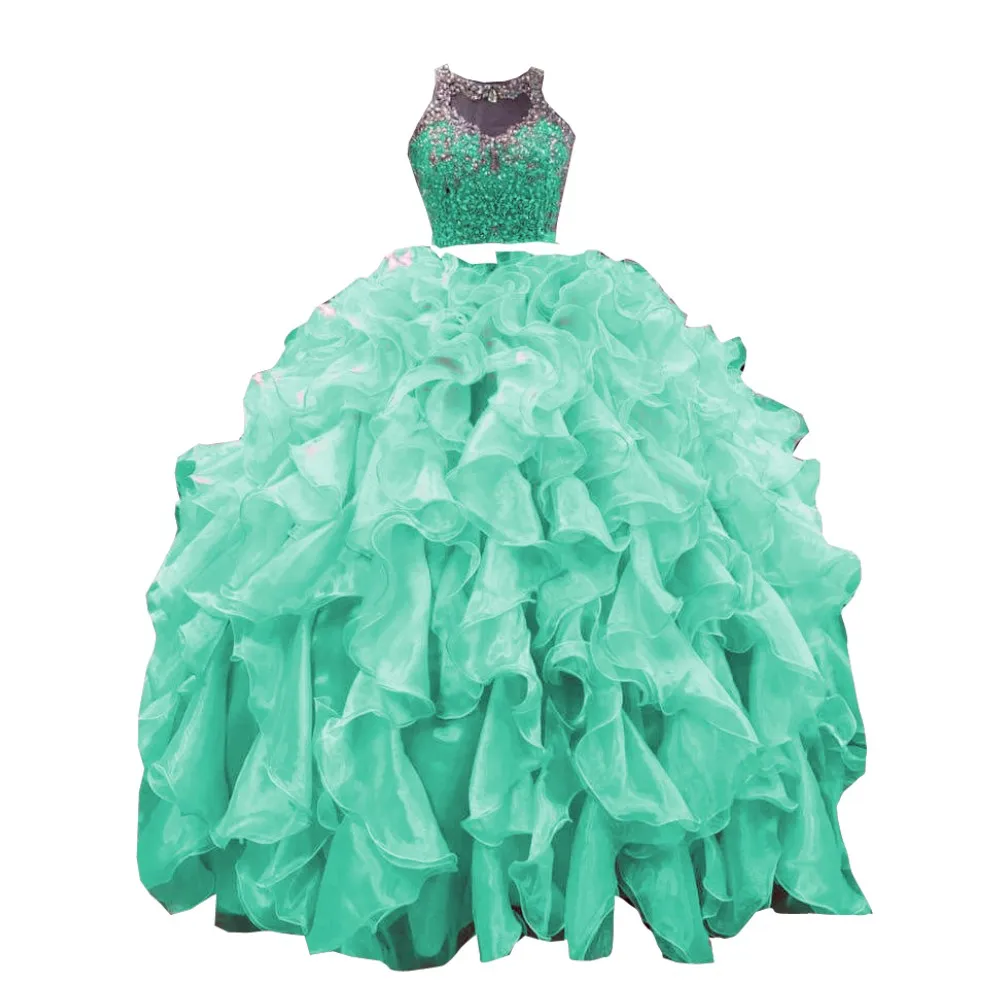 

Popular Mint Two Pieces Ball Gown Cheap Quinceanera Dress Sheer Neck Ruffled Crystal Prom Formal Graduation Dresses Long