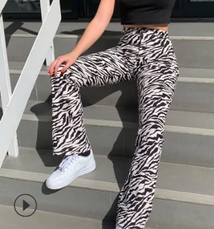 

Women Y2K Harajuku Zebra Print Straight Pants Casual High Waisted Elastic Long Trousers Ladies Fashion Clothes Streetwear