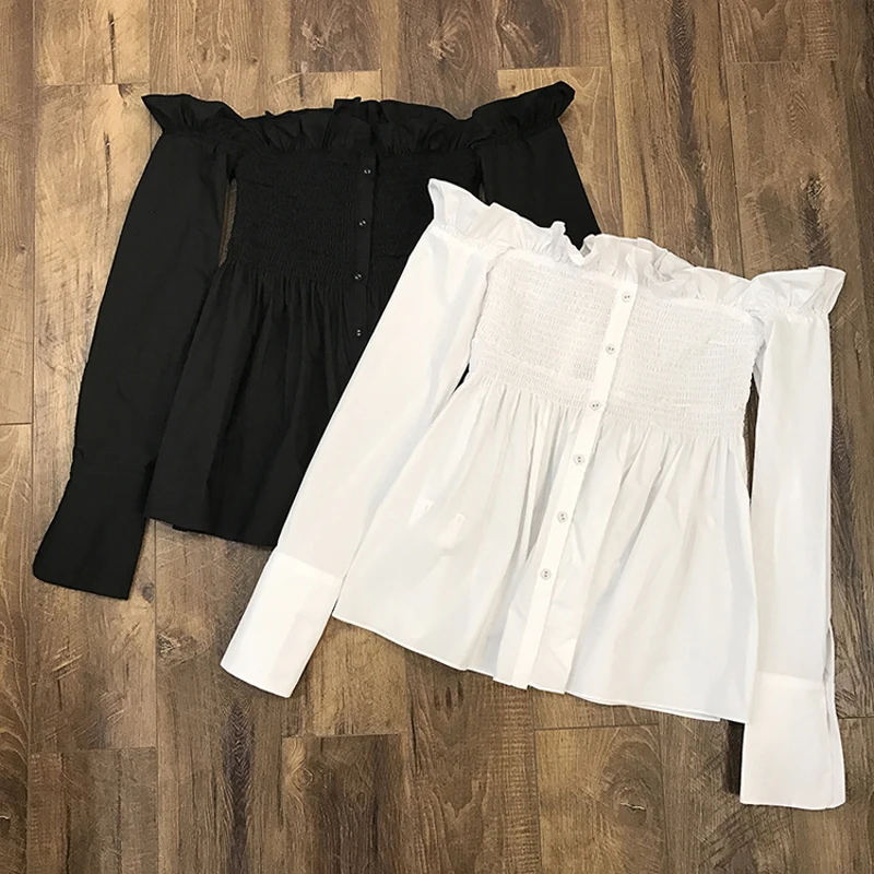 HIGH STREET, новинка, модные дизайнерские топы, блузка, женская, с вырезом лодочкой, с открытыми плечами, на пуговицах, блузка, рубашка