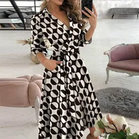 Elegant Women Point Print Party Dress 2021 Summer Sexy V Neck Pocket Long Dress Ladies Casual Long Sleeve Lace-Up Belted Dress 3