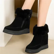 Женская обувь на кроличьем меху зимние сапоги из натуральной кожи на танкетке и высоком каблуке теплые туфли-лодочки без застежки высокие зимние панк-кроссовки