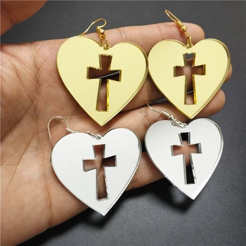 

New Peach Heart Hollow Cross Drop Earrings for Women Mirror Gold Silver Color Dangle Earring Girls Jewelry Acrylic Accessories