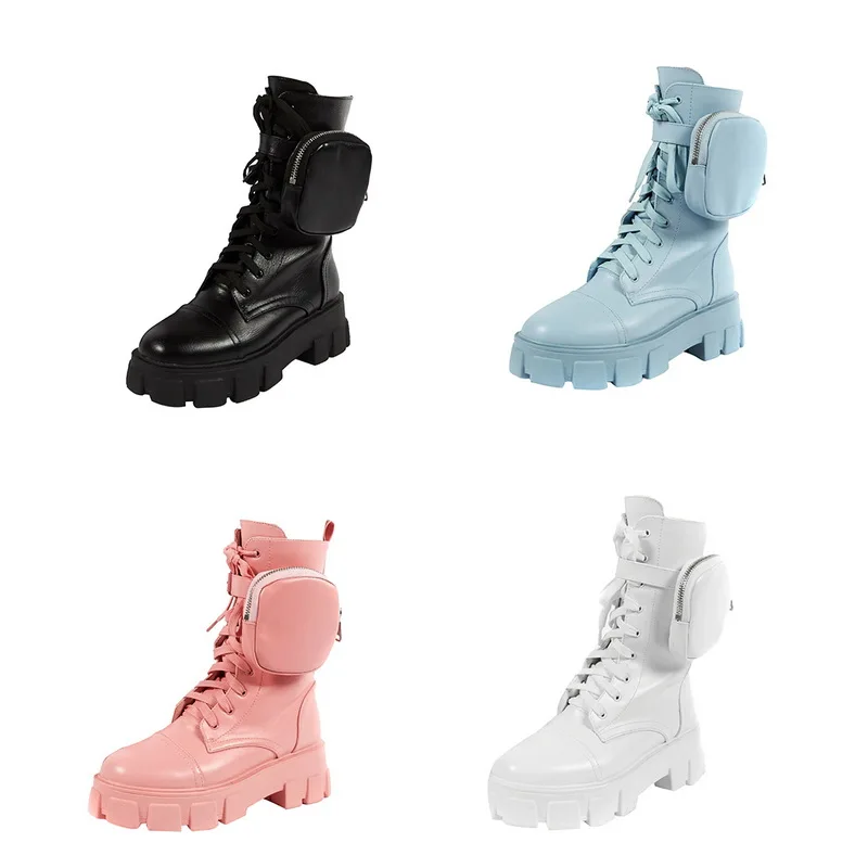 Bootie-botas de plataforma con hebilla de bolsillo para otoño e invierno, botines con bolsa de suela gruesa de color rosa, Cuero brillante de retales, 2021