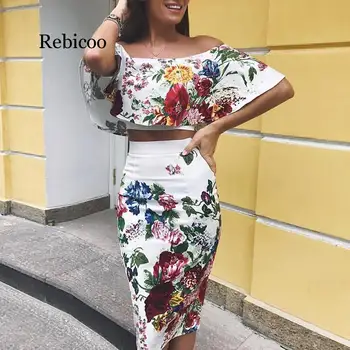 

Two piece set floral print off shoulder cropped top and skirt set Summer 2019 off shoulder crop tops bodycon midi skirts suits