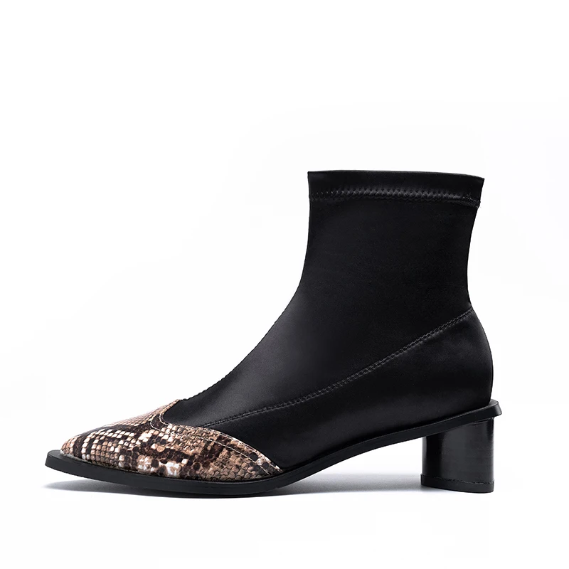 

Women's Chelsea Boots 2019 Autumn Winter Serpentine Boot Stylish Show Lady Genuine Leather Pointed Toe mid Heel Ankle Shoes