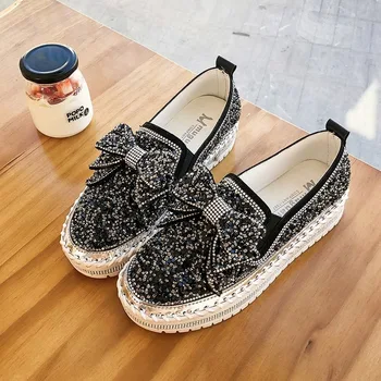 

Womens Round Toe Bowknot Sequins Bling Platform Wedge Heel Loafer Slip On Shoes Black Sliver Casual Summer X001