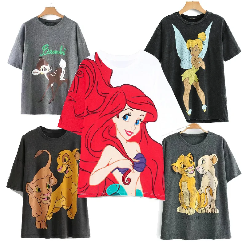 Baratos Camiseta de moda 2019 cuello redondo ropa de mujer estampado clásico El Rey León camisetas regulares camiseta gráfica Streetwear mickey Camiseta de algodón