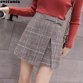 

Svitania High Waist Plaid A-line Skirt Wool Short Skirt