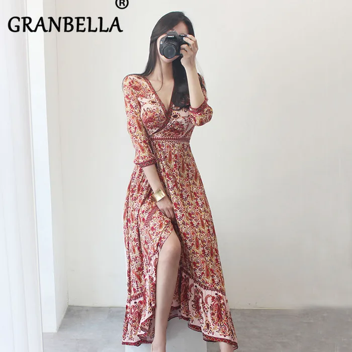 

2019 Fashion Hot Women summer Sexy Ruffle V Neck Long Sleeve Long Dresses Female Elegant Floral Vintage A-line