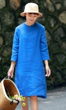 royalblue S9103 самоуправляемый китайский стиль Cheongsam небольшой стенд свинцовый чистый лен литературное Платье легкое тонкое платье - Цвет: royalblue