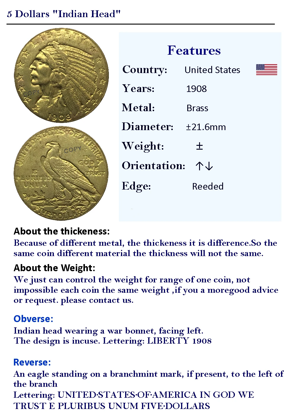 1908 США 5 долларов золото коллекционные монеты латунь имитация монеты
