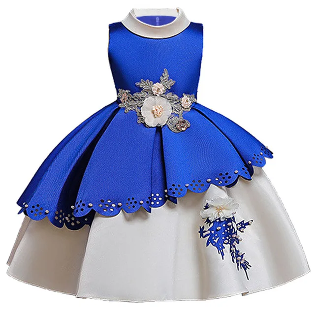 Шелковое платье принцессы с вышивкой для маленьких девочек; Элегантные Платья с цветочным узором для девочек; зимние Вечерние платья на Рождество для маленьких детей; свадебные платья - Цвет: D1897-Blue