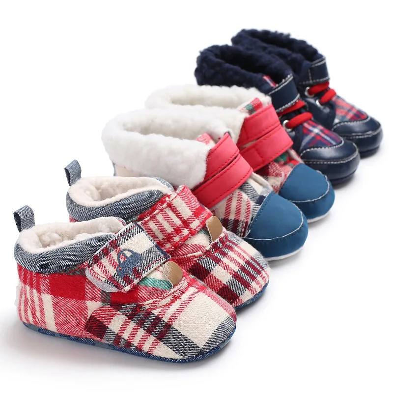 

Haiya Winter 0-1-Year-Old Male Baby Plaid plus Velvet Anti-slip Soft-Sole Babies' Toddler Shoes Support