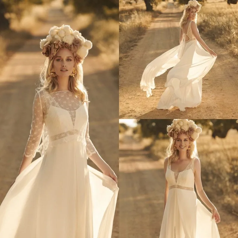 

2020 Bohemian Wedding Dresses with Jacket V Neck A Line Lace Appliqued Boho Wedding Dress Plus Size Chiffon Bridal Gowns