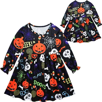 

Halloween Toddler Baby Girl black Dress Long Sleeve Pumpkin skeleton printing Party Dresses Clothes