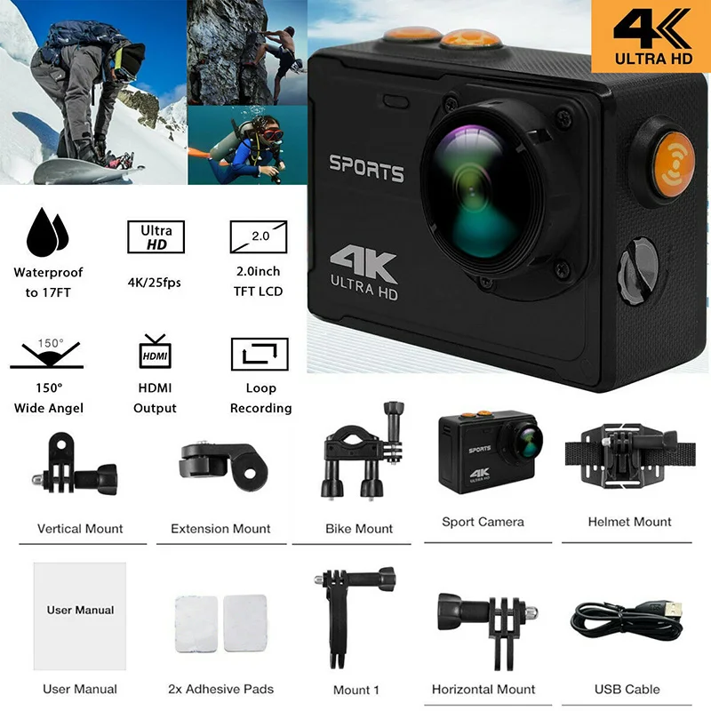 4K WiFi видеокамера профессиональная экшн-камера водонепроницаемая DV Спортивная камера Подводный комплект 170 ° широкоугольная WiFi Спортивная камера