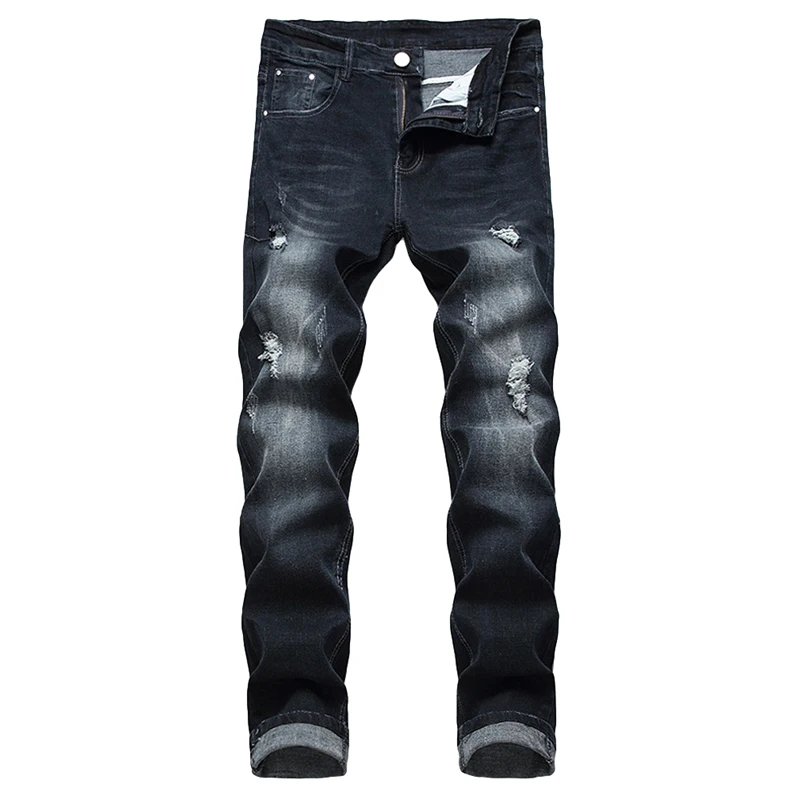 Мужские рваные джинсы, Ретро стиль, повседневные мужские джинсы, облегающие, стрейчевые, черные, обтягивающие, потертые, джинсовые штаны, винтажные, синие, прямые джинсы - Цвет: Blue Black