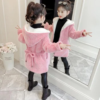 

2019 Spring winter Kids Girl Woolen Coat princess fashion cardigan knit jacket girl woolen coat imitation velvet thick long coat