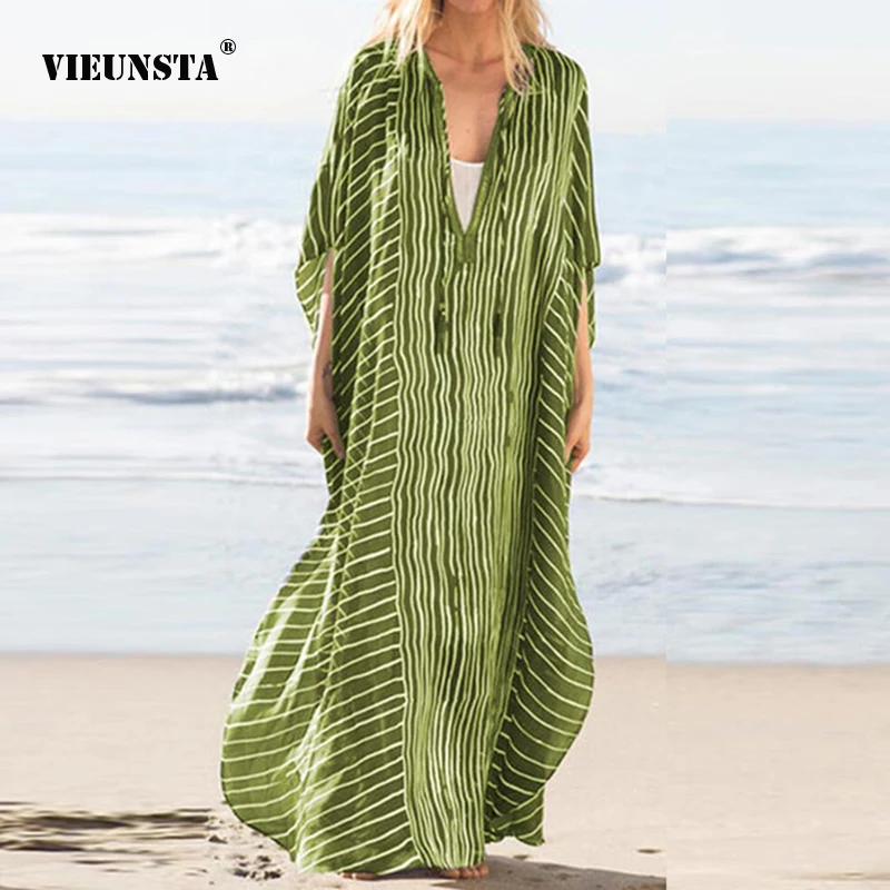 

VIEUNSTA Women Elegant Striped Beach Maxi Dress Sexy V-Neck Boho Party long Dress Summer Casual Loose Dress Vestidos Robe Female