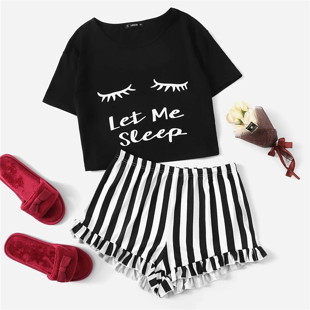 

MJARTORIA Black Graphic Tee Frilled Striped Shorts PJ Round Neck Short Sleeve Set 2020 Summer Women Patchwork Sleepwear