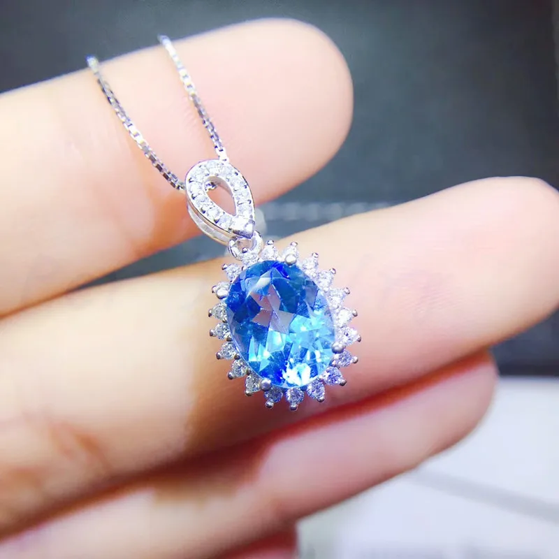 Натуральное Настоящее ожерелье из голубого топаза подвеска 3.5ct драгоценный камень Серебро 925 пробы для мужчин и женщин Q910248