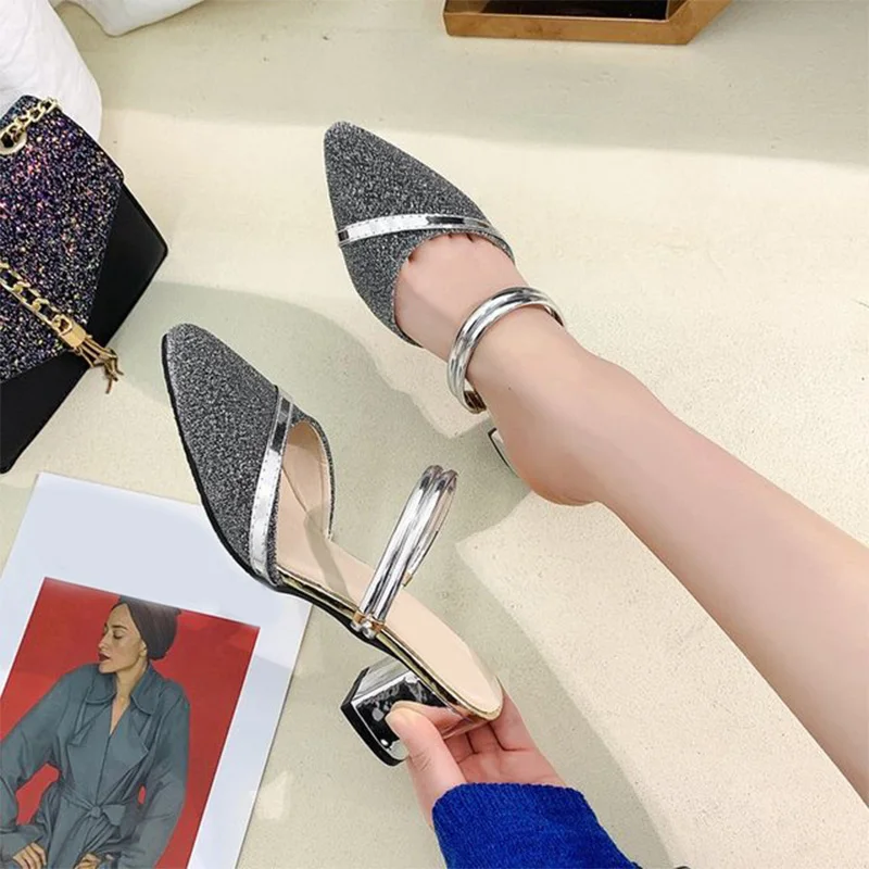 

High Square Heels Shoes Women Sandals Slip on Slides Pointed Toe Gladiator Ladies Gold Strap Bling Wedding Party Shoes Female