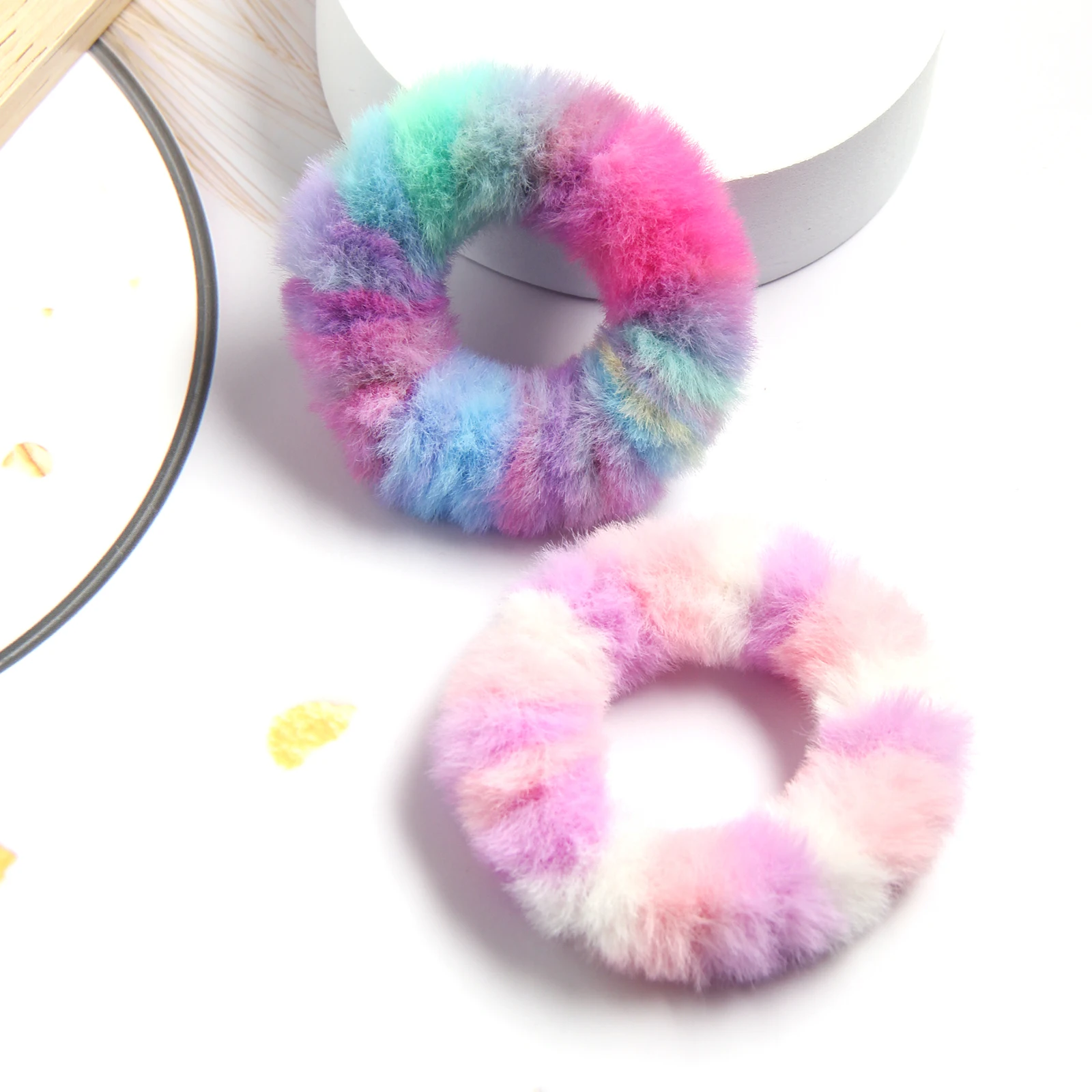 Pack of 2  Faux Rabbit Fur Elastic Tie dye Hair Bands Soft Hair Ties Ponytail Holder Made Hair Ring Hair Scrunchies Accessories hair clips