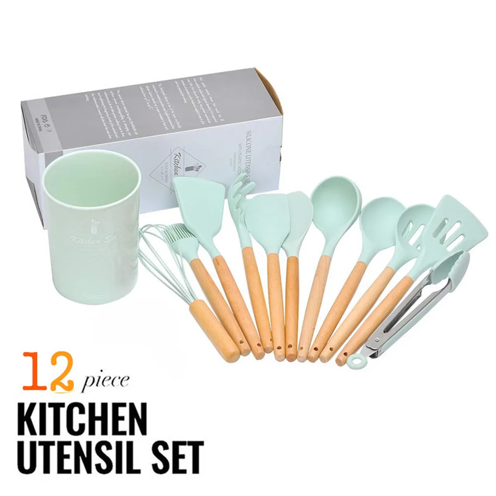 

12 Silicone Kitchen Utensils Set Wooden Handles Kitchen Gadgets Utensil Cooking Tools NonToxic Spatula Cookware Sets with Holder