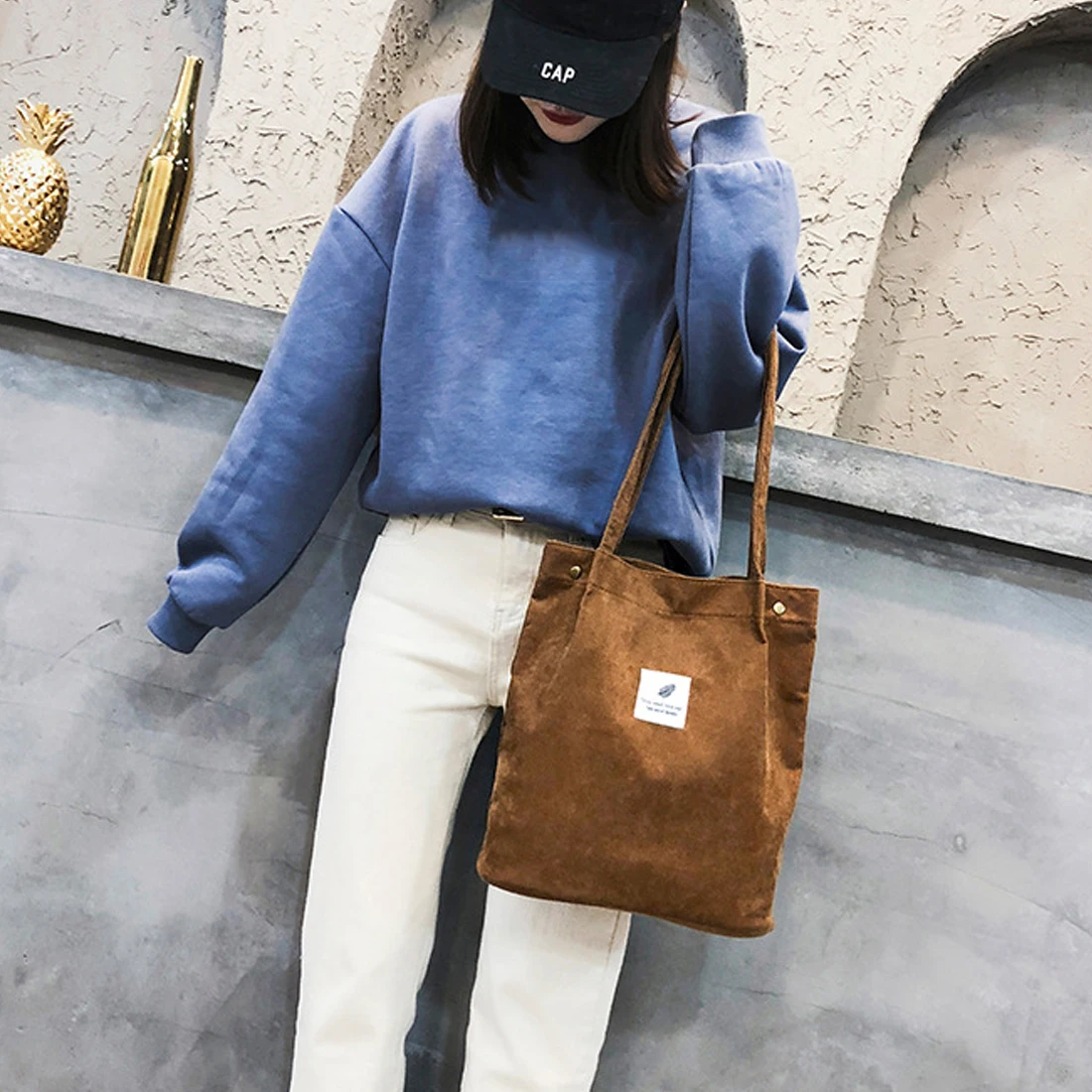 Solid Color Corduroy Shoulder Bags Environmental Shopping Bag Tote Package Crossbody Bags Purses Casual Handbag For Women