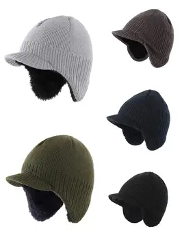 Connectyle Toddler Infant Baby Boys Winter  Hat Fuzzy Rib Knitted Kids Warm Hat With Visor Earflaps Daily Beanie Skull Cap