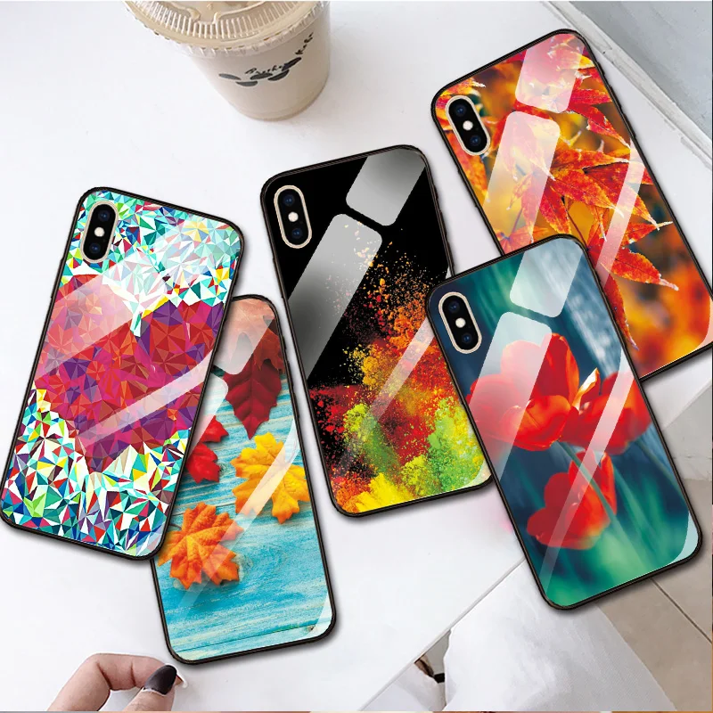 

Tempered Glass Case For Apple iPhone X XR XS XSMax Bueatiful Rose Soft Edge Cover For iPhone 6 6S 7 8 Plus Maple Leaf Bags