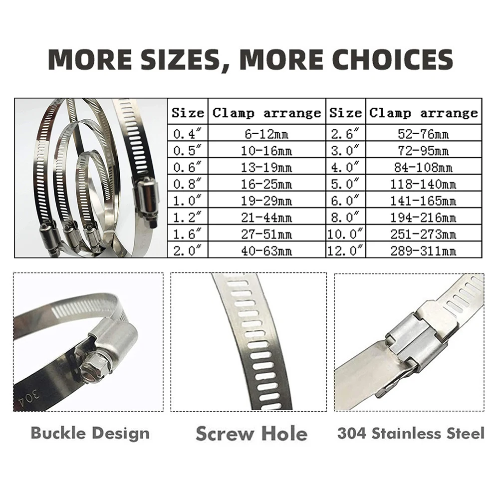 Hoses Clamps 6-311mm Adjustable Stainless Steel Fuel Line Clamp for Air Water Tube Plumbing Automotive Mechanical Pipe Clips