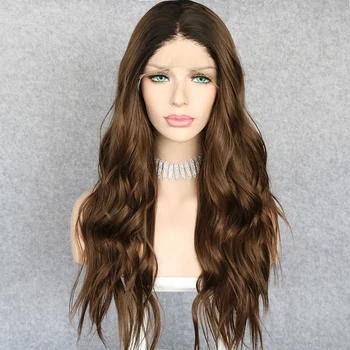 

Lvcheryl Black To Brown 2 Tone Long Wavy Hand Tied Glueless Heat Resistant Fiber Hair Synthetic Front Lace Wigs Daily life Ware