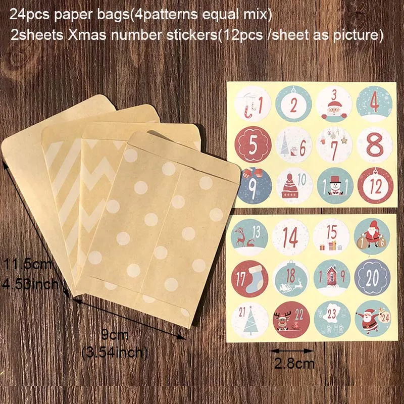 24pcs Merry для рождественской вечеринки конверт для приглашения Винтаж крафт Бумага конверт с календарем номер стены стикеры сделай сам Подарочный конверт, 24 комплекта - Цвет: 24pcs