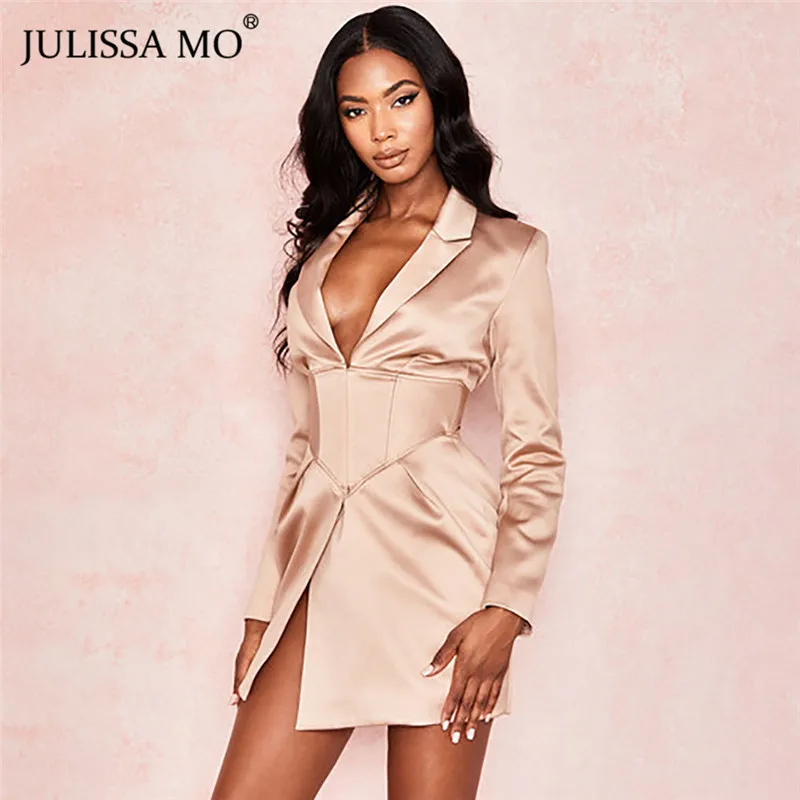 JULISSA MO, модные длинные блейзеры с v-образным вырезом, пальто и куртки, женские пальто на пуговице с отложным воротником, Осенние сексуальные блейзеры, платья