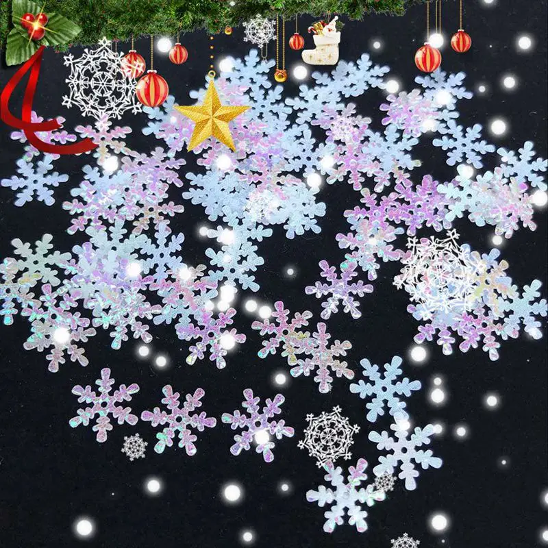 

100/200/300PCS Classic Snowflake Ornaments Christmas Tree Plastic Snowflake Artificial Snow Window Xmas For Home Decor 5 Sizes
