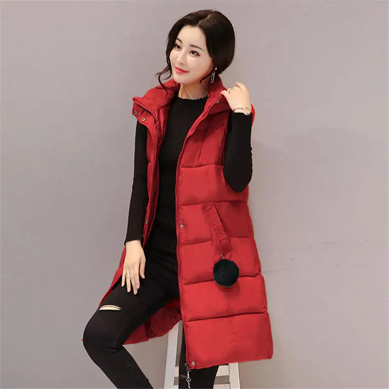Red Vest Пуховый женский хлопковый жилет, осенний зимний теплый жилет с капюшоном, женский жилет, пальто большого размера, однотонный Повседневный жилет без рукавов для женщин Q2103 - Цвет: Red Vest