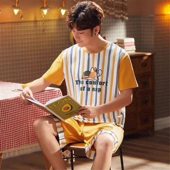 

Thin men's short-sleeved shorts pajamas striped cartoon dog cotton pajamas 2020 spring and summer home service suit
