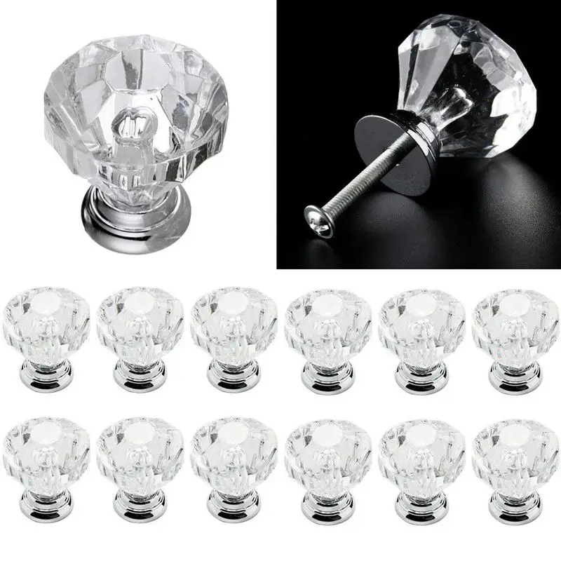 

TOP!-12pcs Glass Drawer Door Knob Crystal Diamond Handle Pull Dia 35mm for Wardrobes Cabinets Cupboards Furniture Transparent