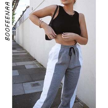 

BOOFEENAA Gray and White Spliced Fashion Sweatpants Streetwear Joggers Drawstring High Waist Harem Pants Women 2020 C67-AH43