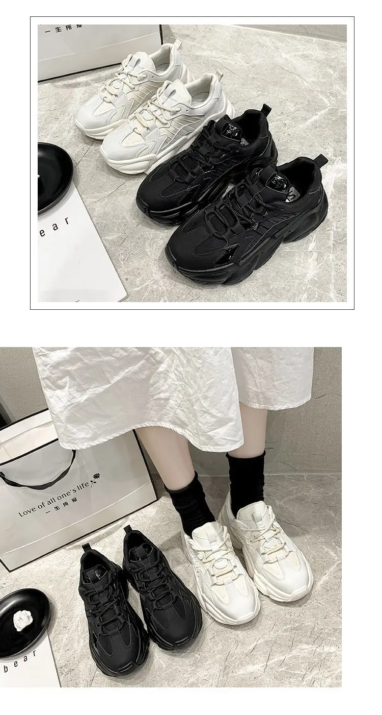 2022 Black Platform Sneakers Women Shoes Casual Lace Up Thick Sole Shoes Woman Beige Chunky Sneakers Leather Vulcanize Shoes