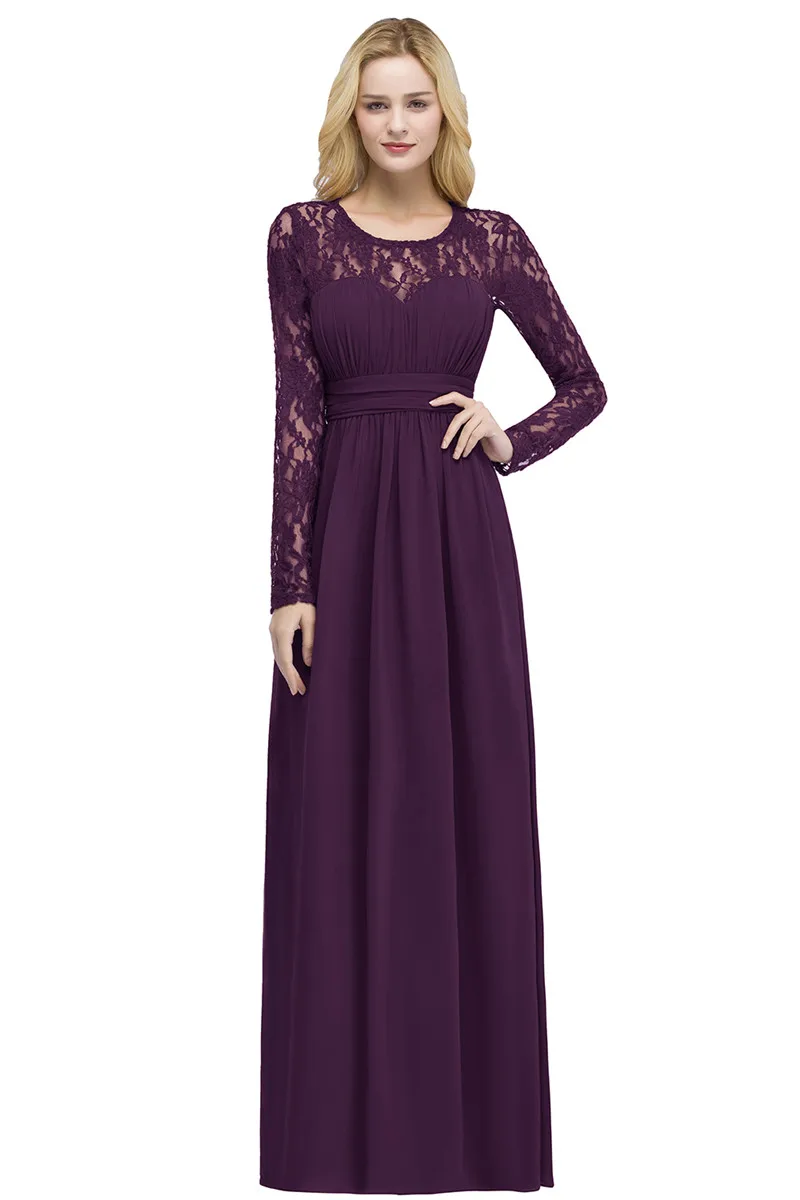 Vestido de Festa Casamento Elegant Burgundy Lace Long Wedding Party Bridesmaid Dresses Full Sleeves Robe Demoiselle D'honneur