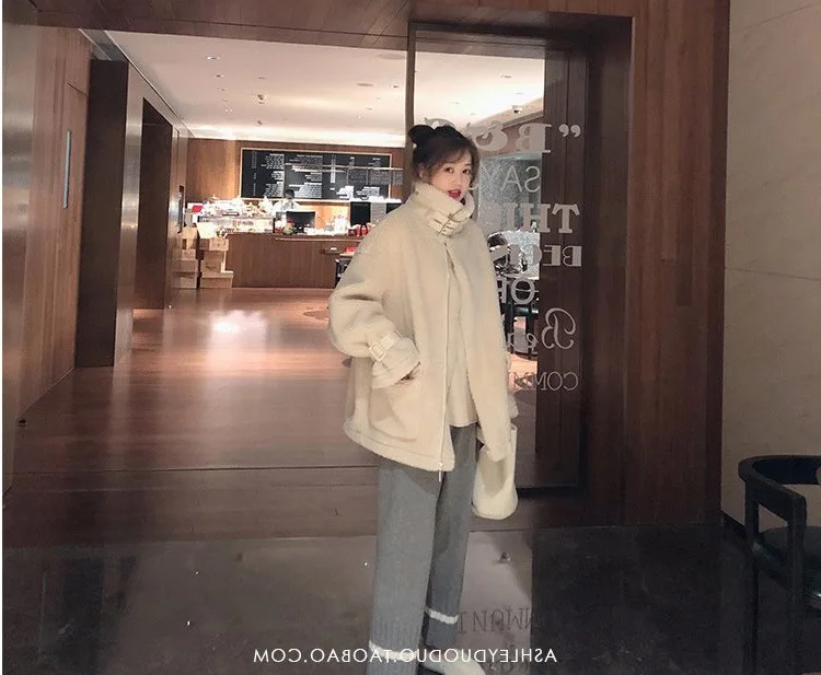 Women's Fur Coat Korean Coat Wild Lamb White Fur Coat Plush Motorcycle Clothing Fur One Loose Faux Fur Coat Furry Jacket