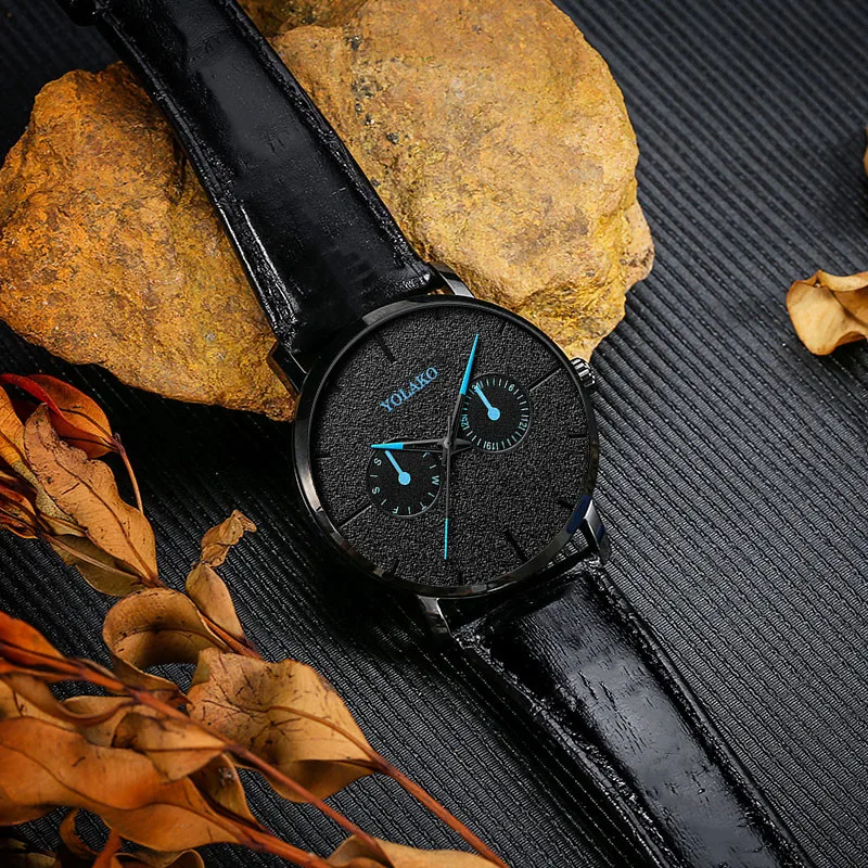 Casual Leather New Watch Blue Pointer Belt Quartz Fashion Mens Watch Yolako Male WriststWatch Clock Relogio Masculino