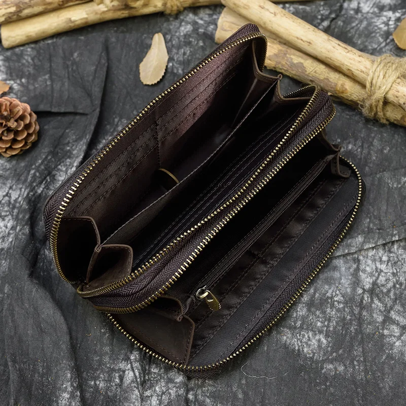 Retro Crazy Horse Leather Purse for Men Clutch Purse Double Zipper 24 Cards Clutches Vintage Woman Genuine Leather Long Wallet 5