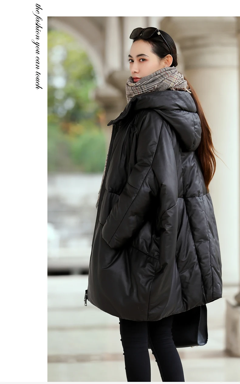 Free Shipping New Genuine Lamb Leather Jacket Long Women's Down Coat with hood Sheepskin Garment Wholesale Retail OEM