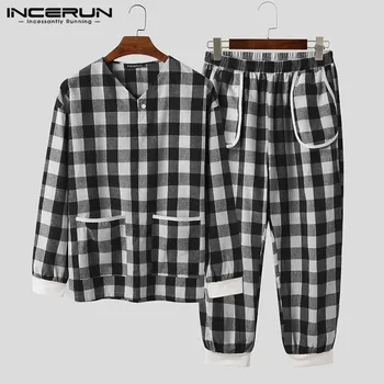 

Leisure Striped Long Sleeve V Neck Tops Elastic Pants Autumn Homewear INCERUN Fashion Men Pajamas Sets Male Cozy Sleepwear S-5XL