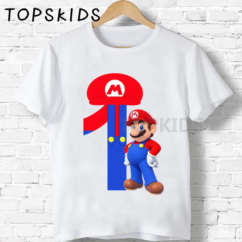 Свечи "Happy Birthday" для торта Super Mario номер 1 до 9 лет, футболки с мультипликационным принтом, для мальчиков и девочек, забавные детские топы Для детей, на лето футболка, HKP5233